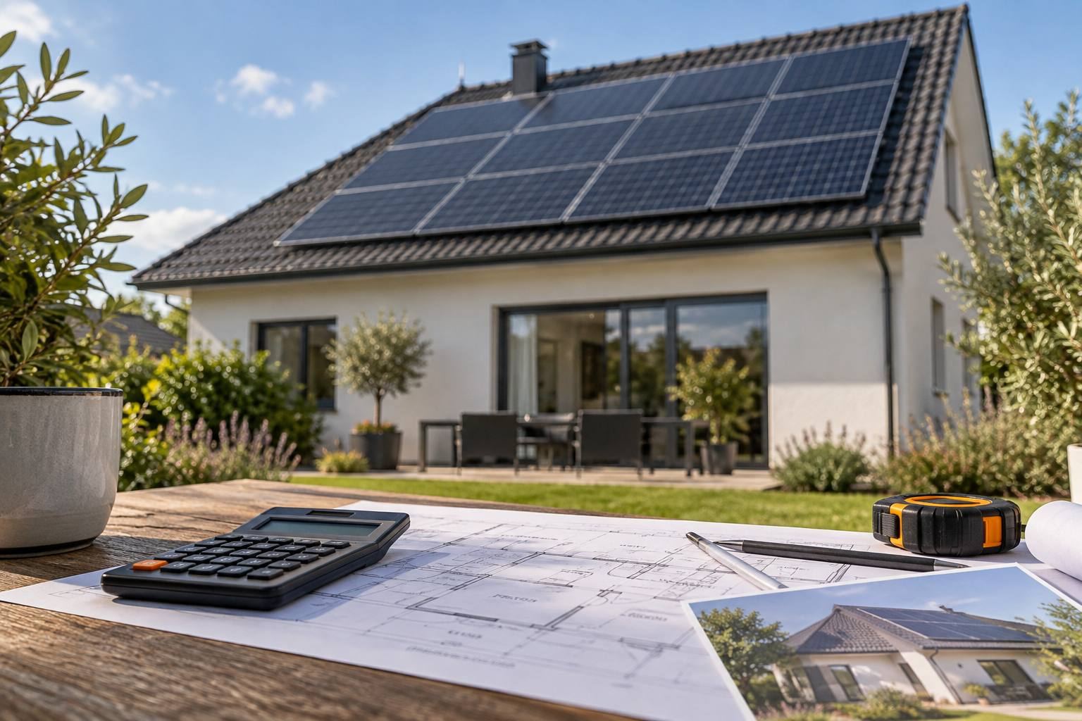 Panneaux 100 m² : « Maison avec panneaux solaires en toiture et plan d'installation avec calculatrice sur une table extérieure »