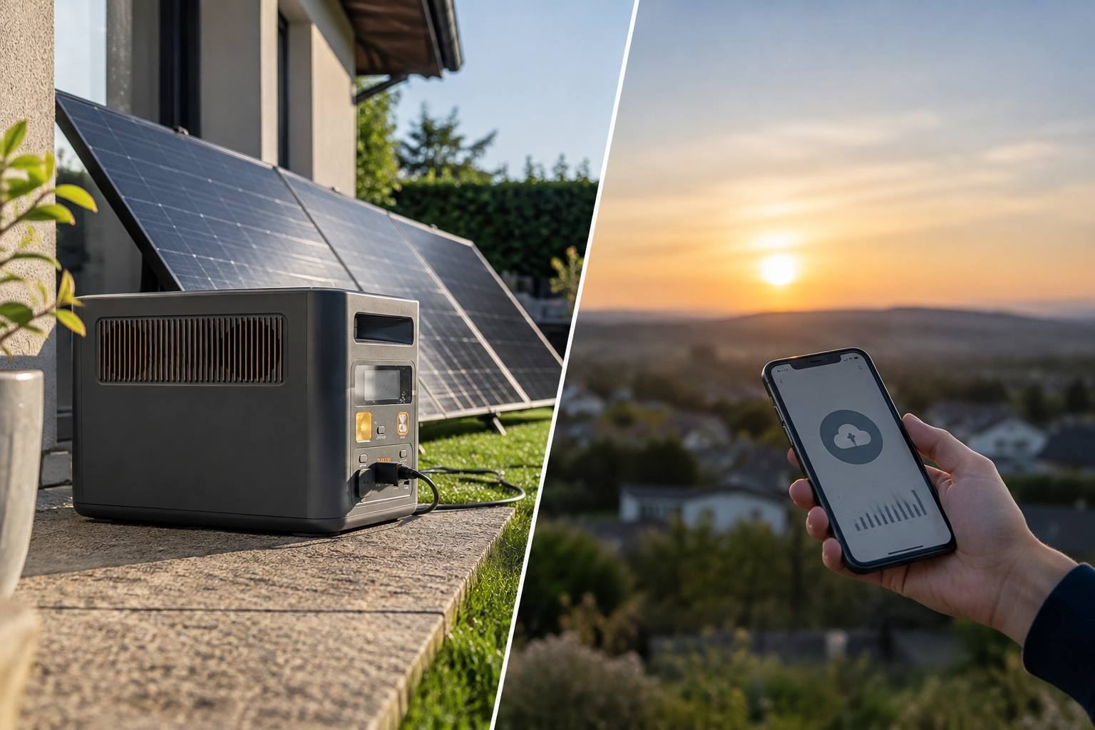 Batterie/stockage virtuel : « Batterie physique à domicile à gauche, application de pilotage du stockage virtuel au coucher du soleil à droite »