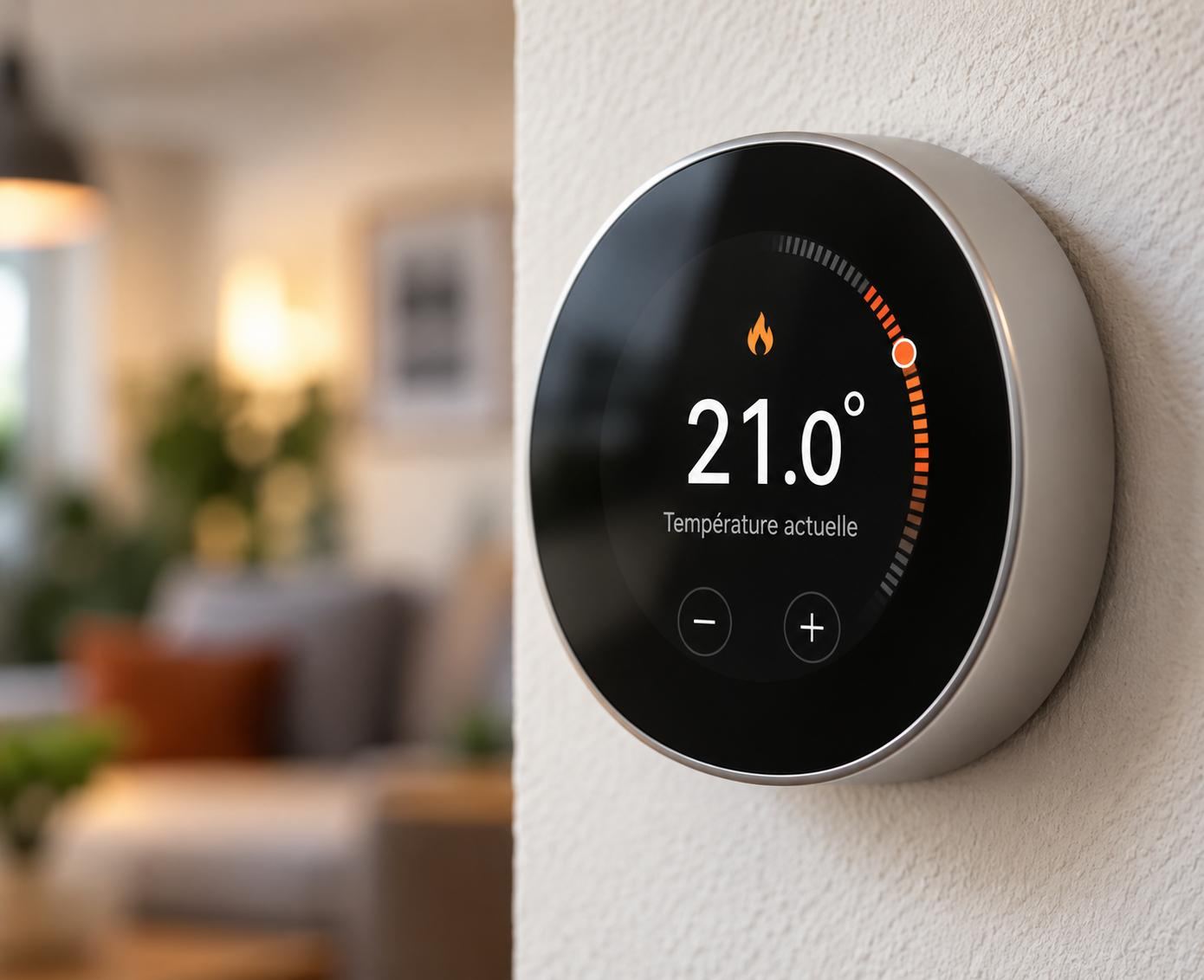 Thermostat connecté affichant 21°C dans un salon chaleureux