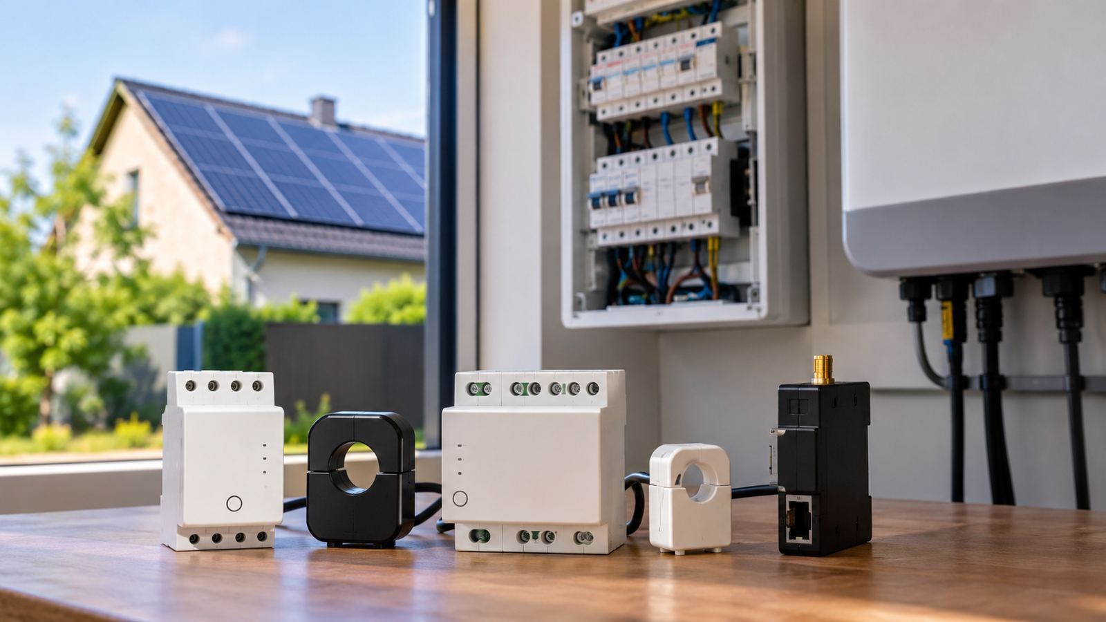 « Compteurs intelligents et pinces ampèremétriques posés sur une table, avec une maison équipée de panneaux solaires en arrière-plan