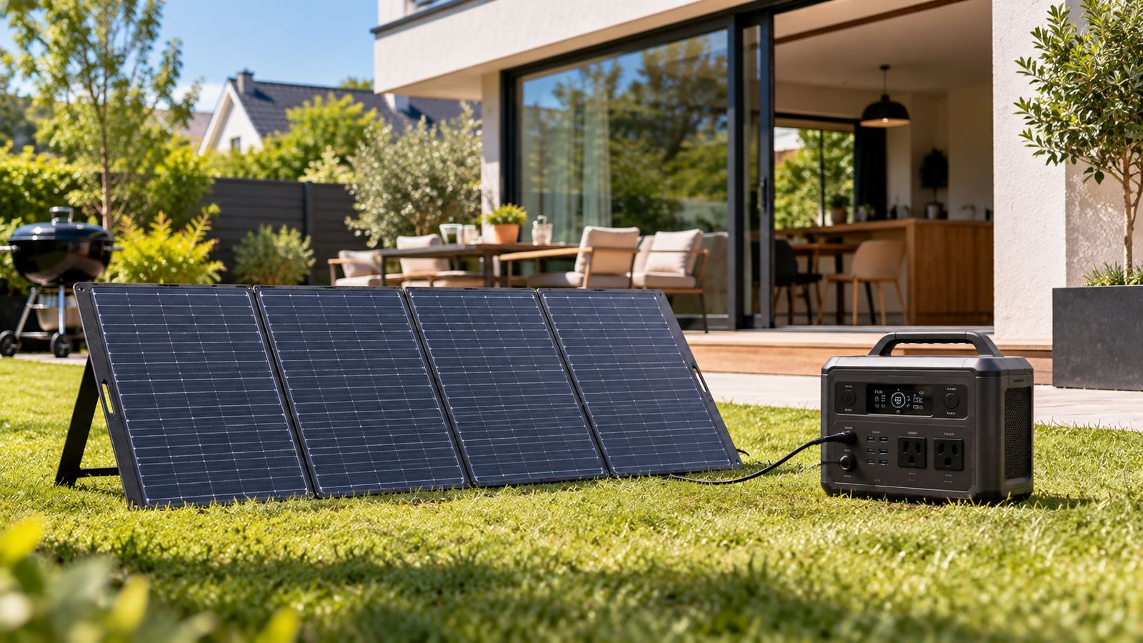 Panneau solaire portable installé au jardin avec station électrique