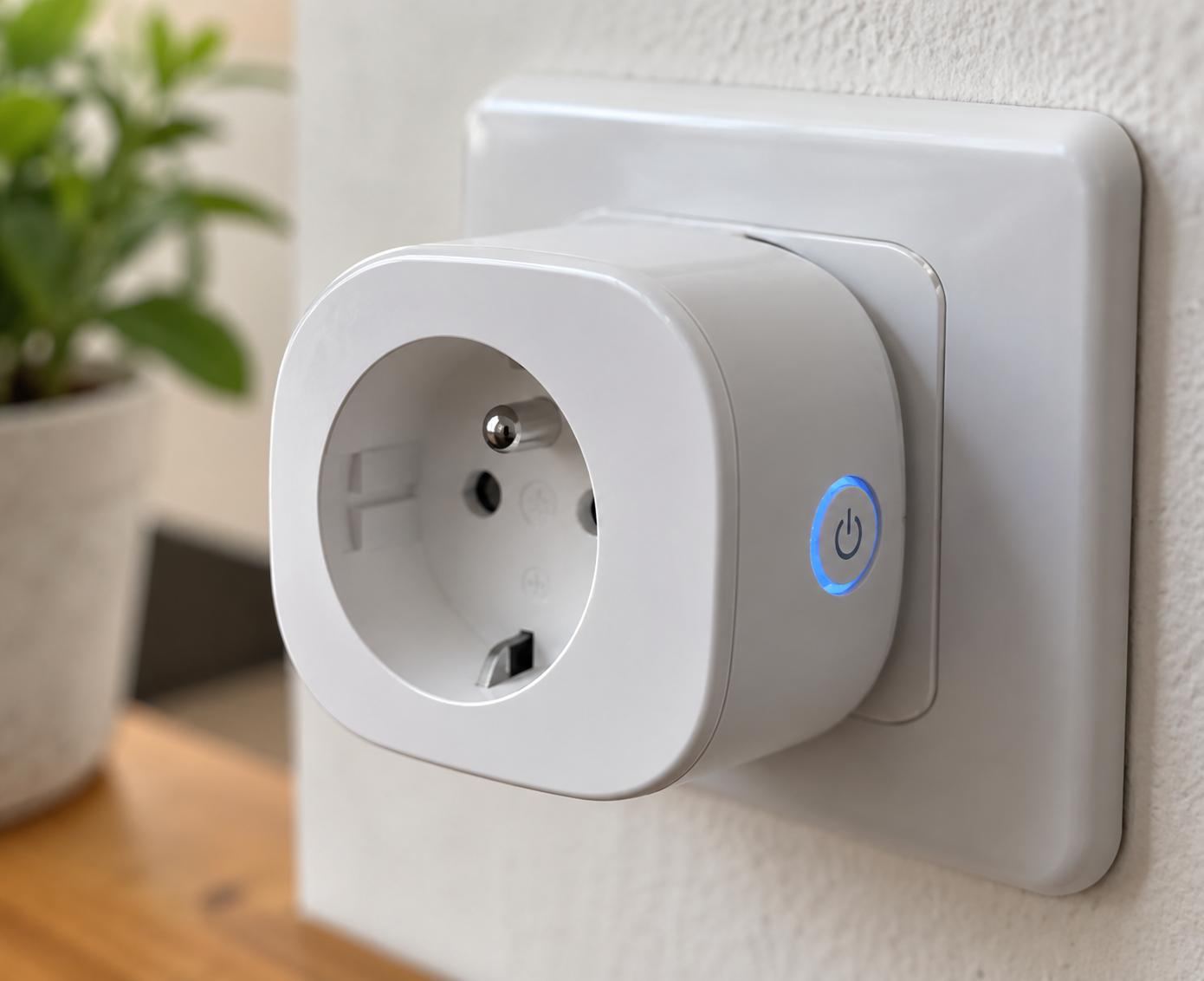 Prise connectée blanche avec voyant lumineux, installée sur une prise murale