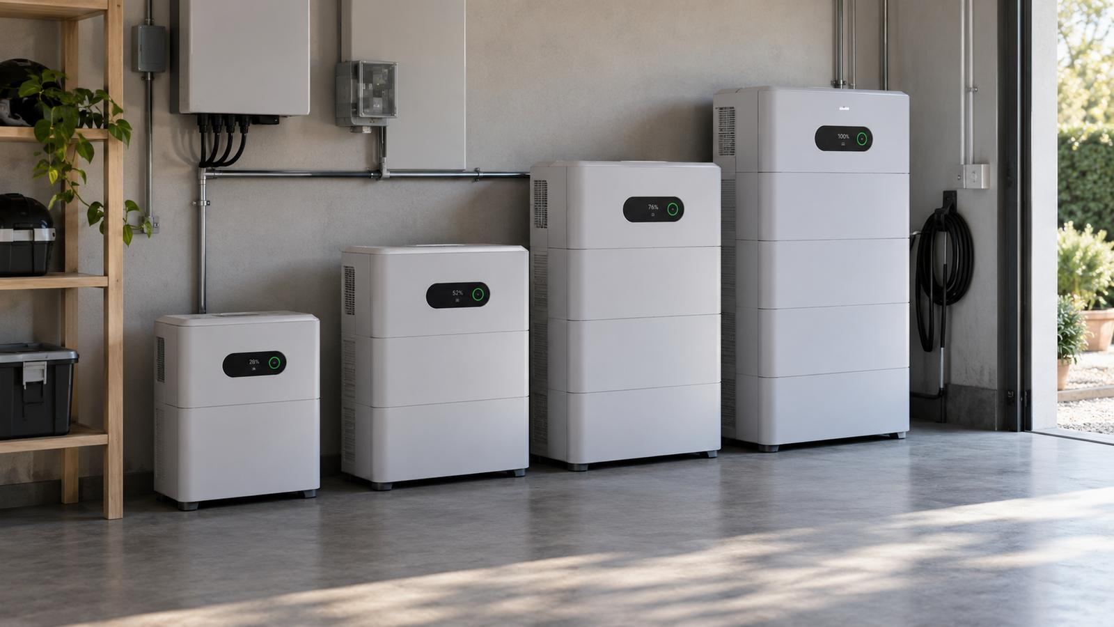 Quatre batteries domestiques de tailles différentes alignées dans un garage, illustrant les différentes capacités disponibles