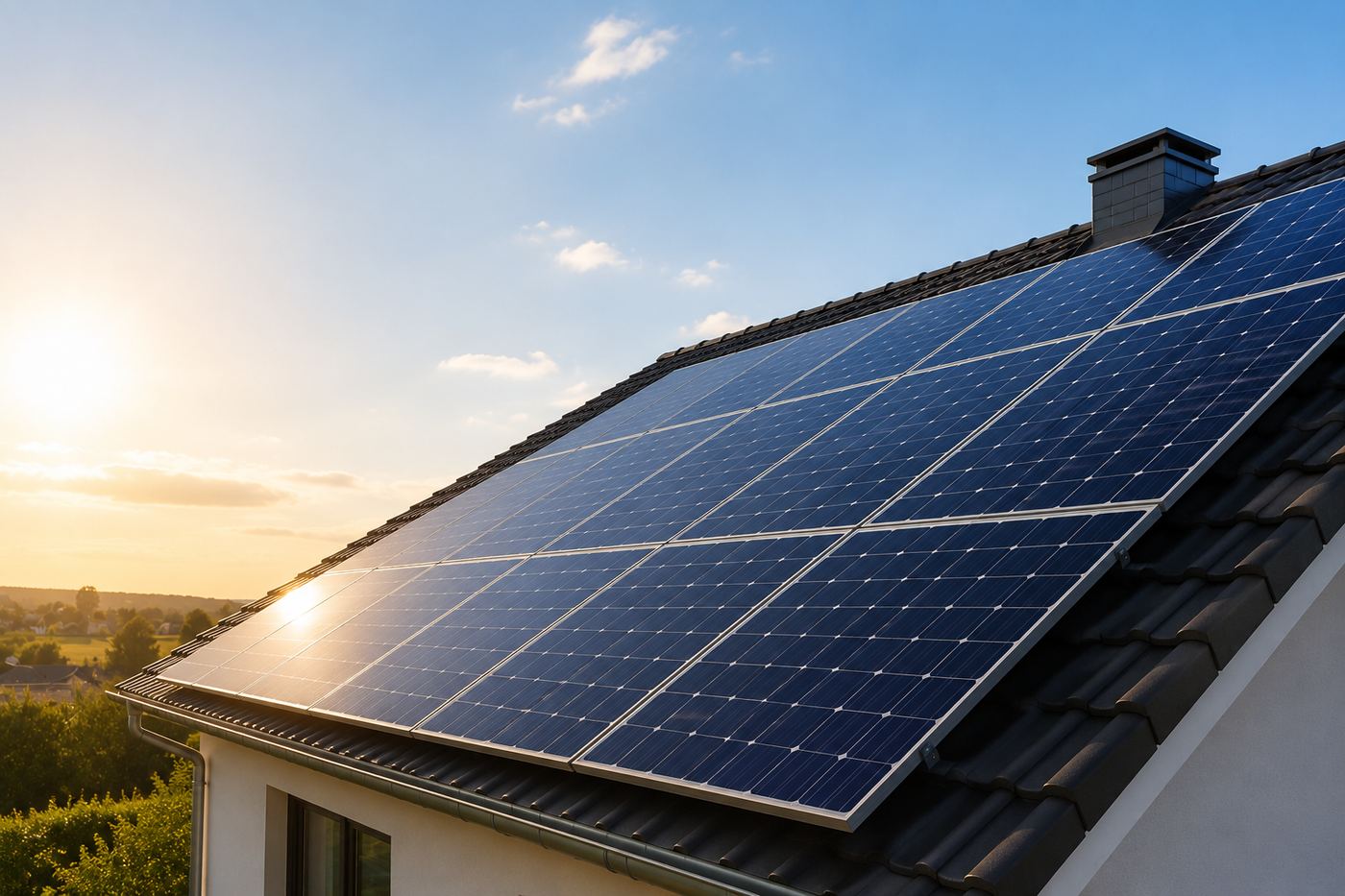 Panneaux solaires installés sur une toiture au coucher du soleil